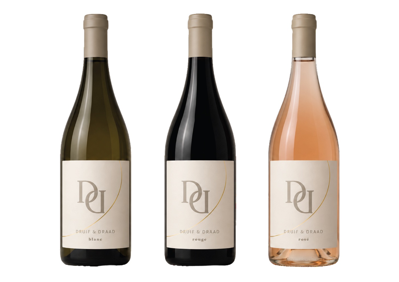 De drie wijnen van Druif & Draad: Blanc, Rosé en Rouge naast elkaar
